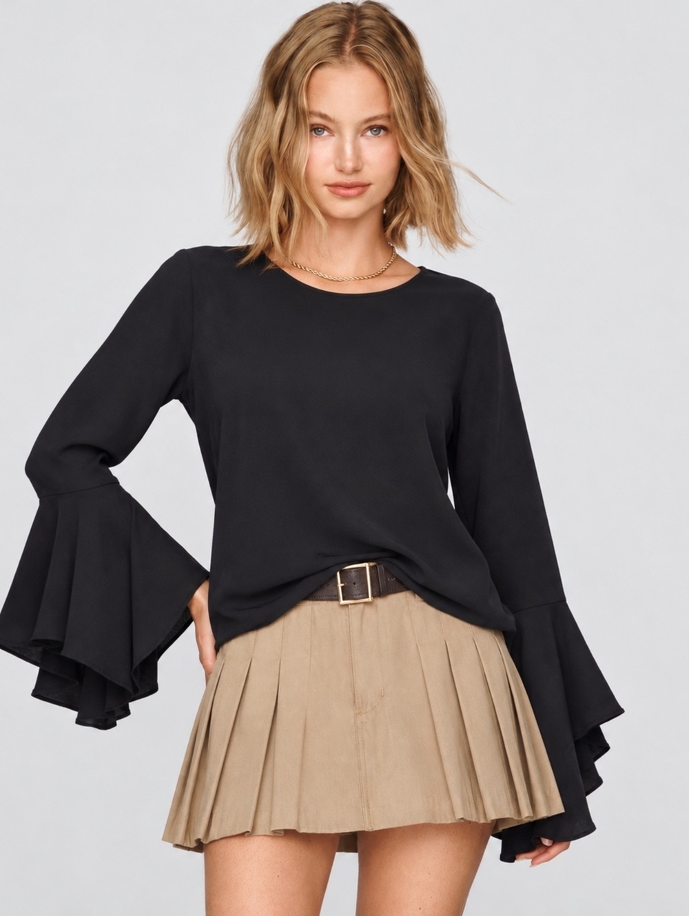 Who What Wear Black Bell Sleeve Blouse Flared Ruffle Statement Top Small